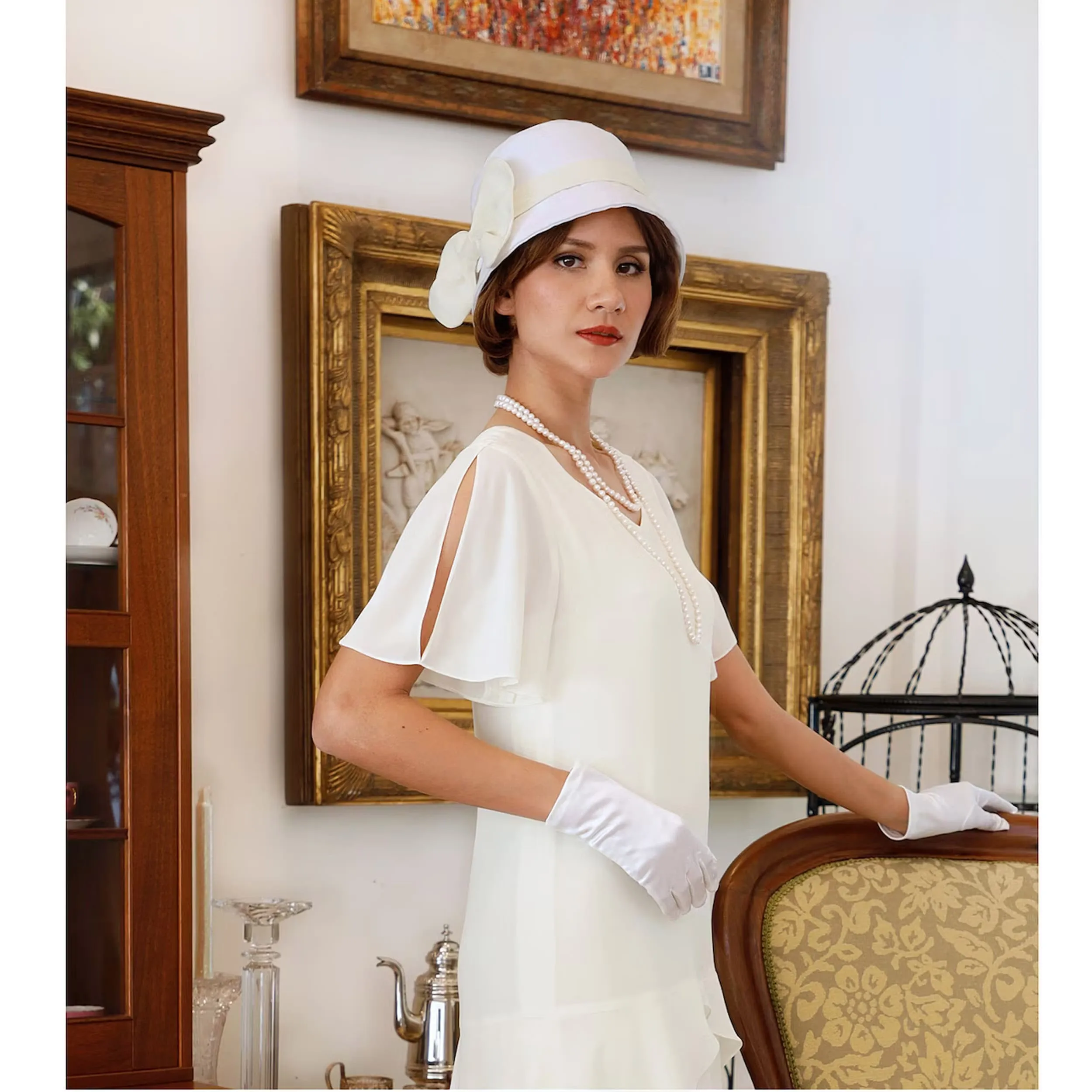 1920s cloche hat with off-white cotton and cream chiffon