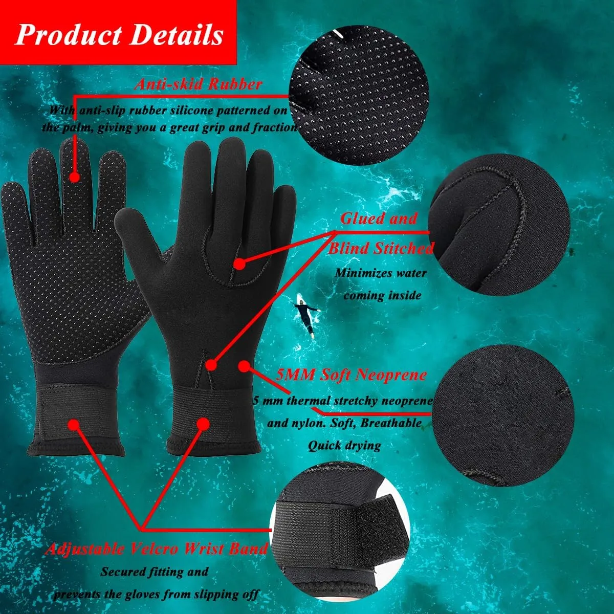 5mm Wetsuit Gloves Neoprene Diving Gloves Thermal Anti-Slip Scuba Gloves for Men Women Snorkeling Open Water Swimming Kayaking Surfing Fishing