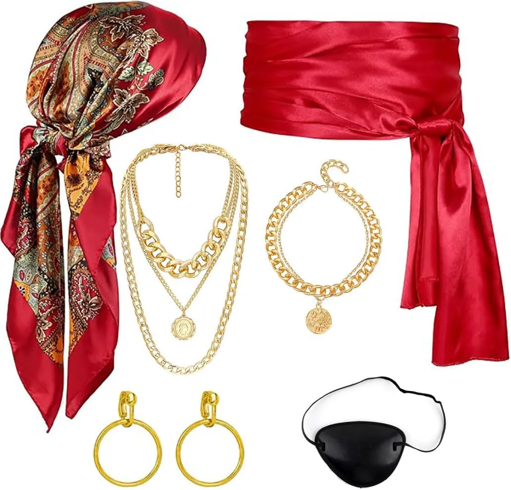7pcs Women Pirate Costume Accessories Set for Men Pirate Head Scarf Necklace Belt Dress Accessories Cosplay Party Renaissance