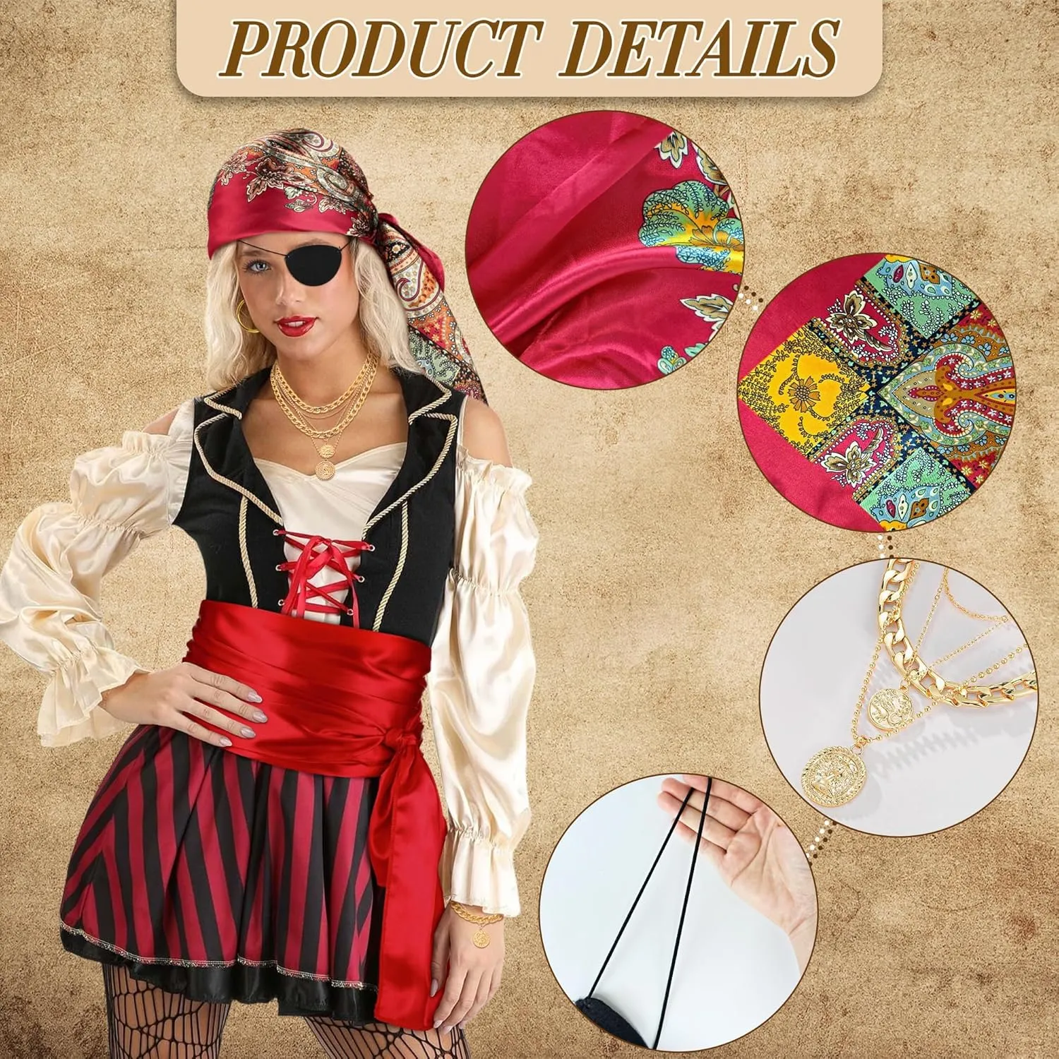 7pcs Women Pirate Costume Accessories Set for Men Pirate Head Scarf Necklace Belt Dress Accessories Cosplay Party Renaissance