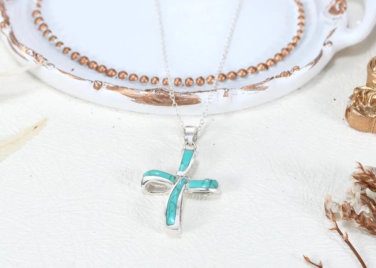 AeraVida Infinity .925 Sterling Silver Twist Cross Symbol Necklace with Natural-Inspired Stone Inlays | Stylish Christian Jewelry Gift for Women | Elegant 18-Inch Sterling Silver Cable Chain