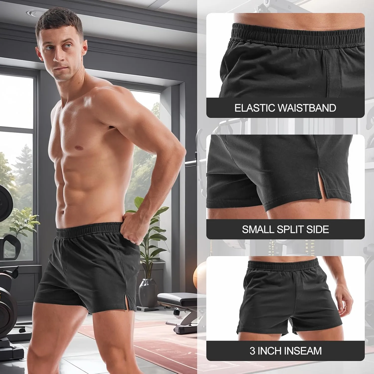 AMY COULEE Mens Gym Shorts 3" Bodybuilding Workout Shorts Lightweight Running Lounge Cotton Sleep Bottoms