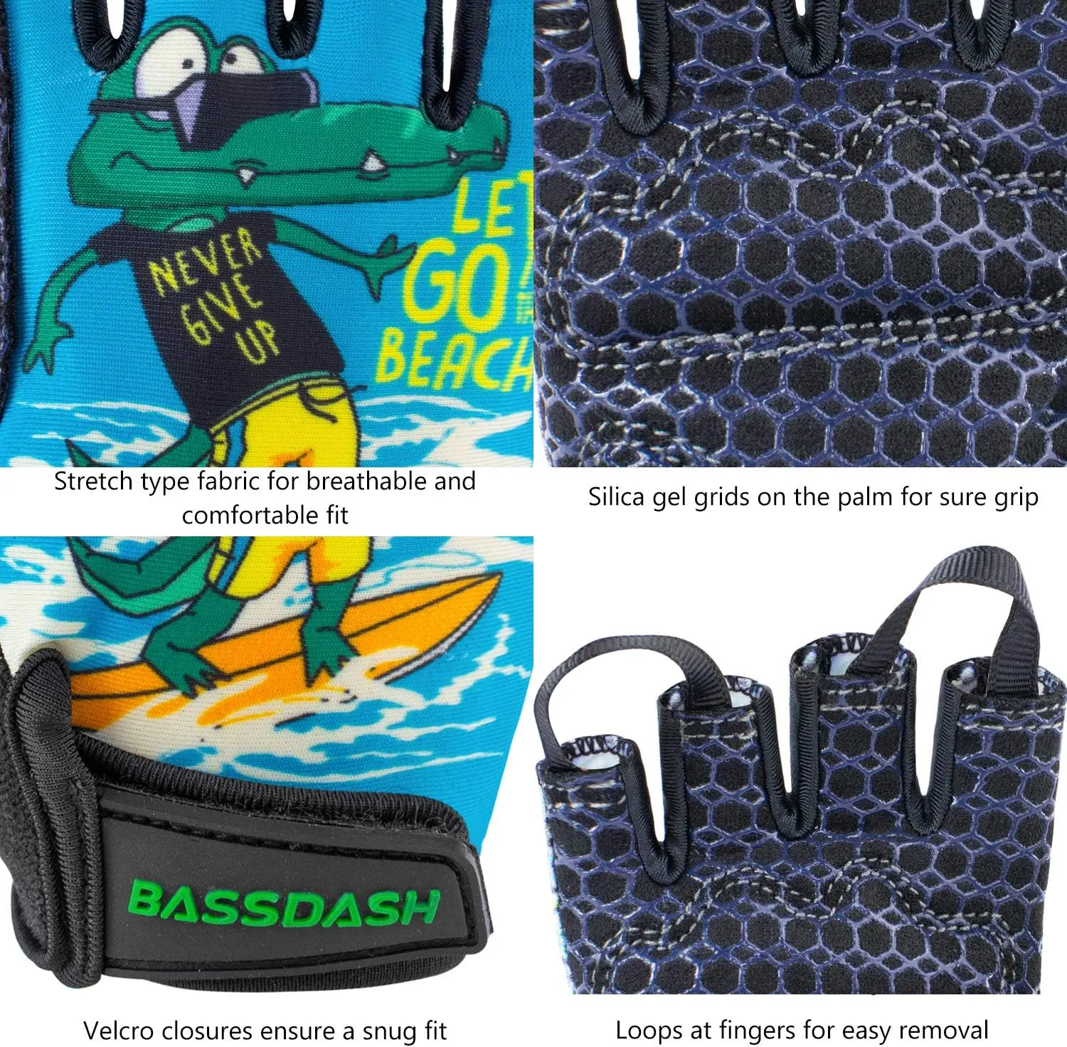 BASSDASH UPF 50  Kids' Gloves with Padded Grippy Palm UV Protection for Bicycles Fishing for 1-8 Years Old Boys Girls