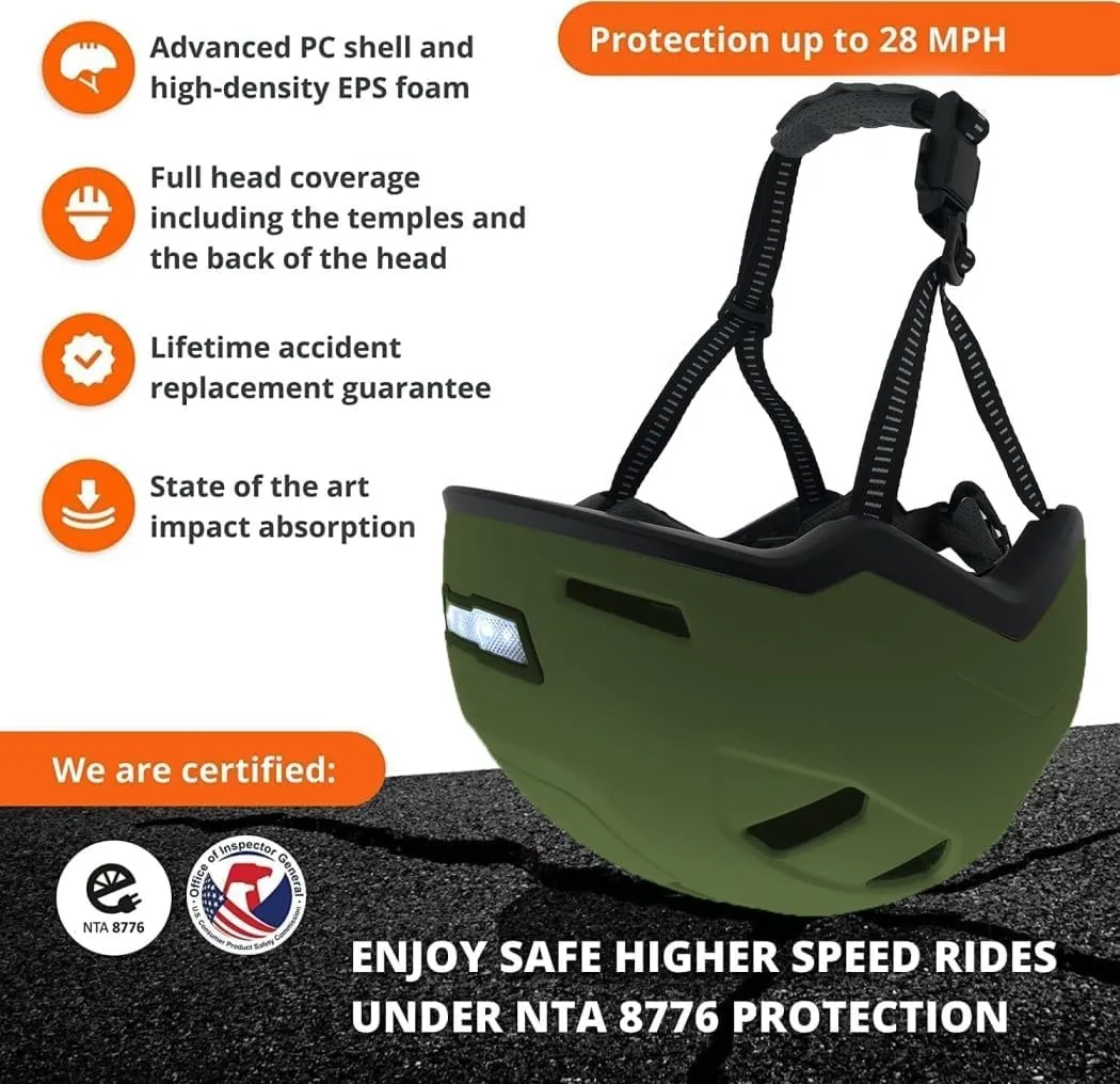 Bike Helmet with LED Lights - Urban Bicycle Helmet for Adults, Men & Women - CPSC & NTA-8776 Dual Certified - Class 3 E-Bikes, Scooters, Onewheel, Commuter, Mountain