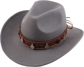 Cowboy Hat for Women Men Western Felt Cowboy Cowgirl Hat Wide Brim Retro Classic Roll Up Fedora Hats with Belt Buckle