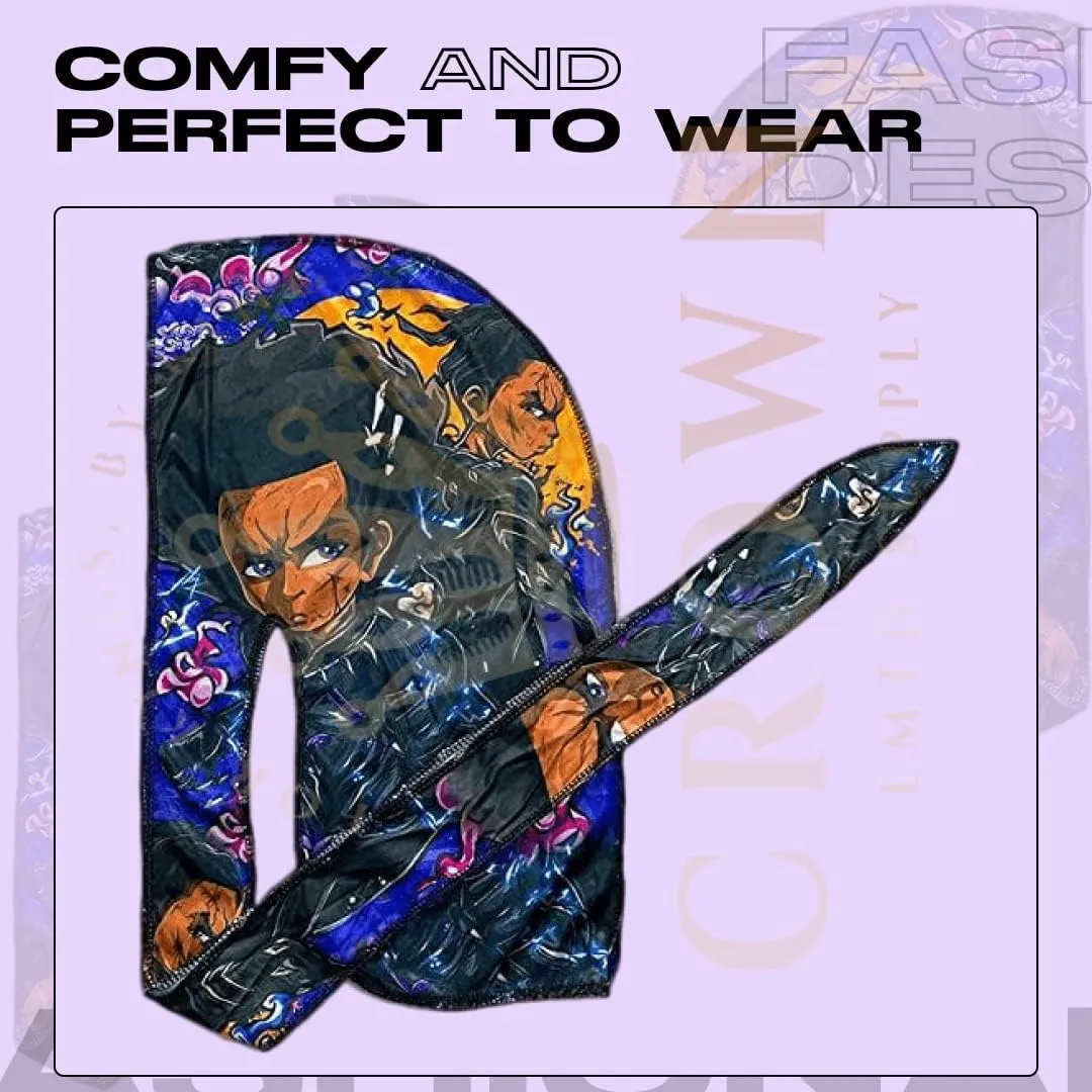 CROWN Silky Durag with Long Tails and Quadruple Stitching - Smooth Silk Fabric Durags for Comfort and Compression