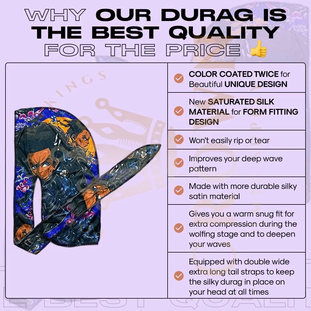 CROWN Silky Durag with Long Tails and Quadruple Stitching - Smooth Silk Fabric Durags for Comfort and Compression