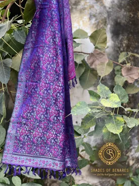 Elegant Deep Purple Pure Silk Handloom Printed Banarasi Scarf