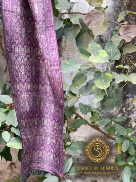 Elegant Pastel Purple Pure Silk Handloom Printed Banarasi Scarf