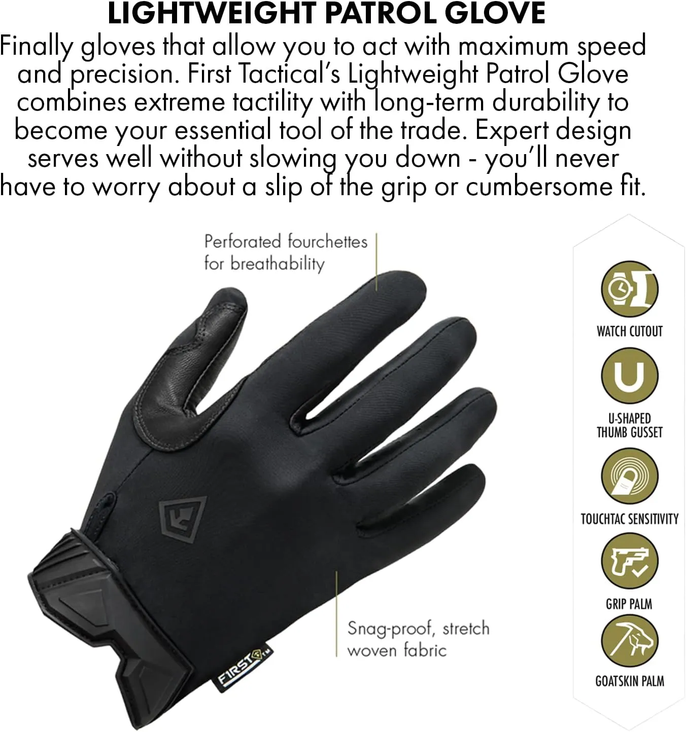 First Tactical Mens Lightweight Patrol Glove | Skin Tight Goatskin Palm with Touchscreen Capability