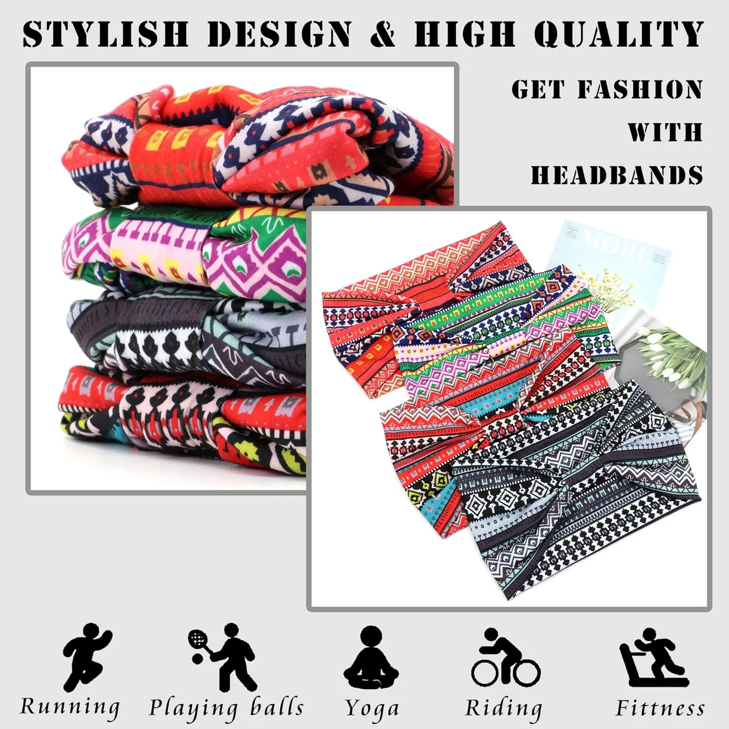 FULZTEY Wide African Headbands Boho Head Wraps Large Hairbands Elastic Fabric Hair Bands for Sport Workout Non Slip Knotted Bandanas Fashion Hair Accessories for Women Girls 4Pcs