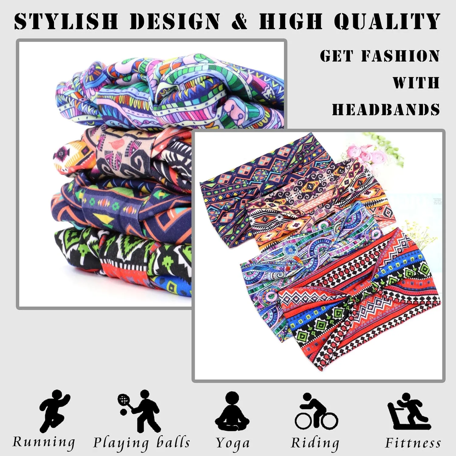 FULZTEY Wide Headbands for Women Fashion Boho Headwraps African Style Large Hair Bands Knotted Thick Turbans Stretchy Bandanas Sport Workout Hair Scarf Hair accessories for Teen Girls 4Pcs