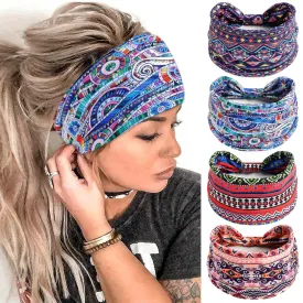 FULZTEY Wide Headbands for Women Fashion Boho Headwraps African Style Large Hair Bands Knotted Thick Turbans Stretchy Bandanas Sport Workout Hair Scarf Hair accessories for Teen Girls 4Pcs