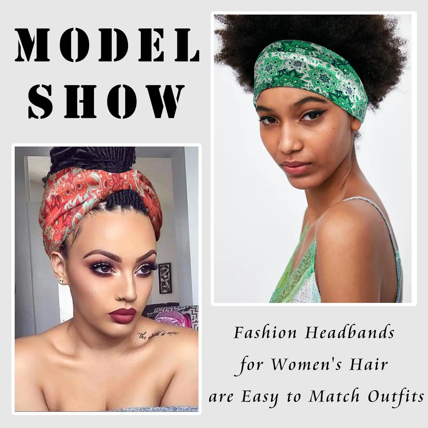 FULZTEY Wide Headbands for Women Floral Printed Boho Hairband Elastic Knotted Bandana Non Slip Workout Yoga Thick Turban Head Wrap Fashion Hair Accessories for Teen Girls 4Pcs