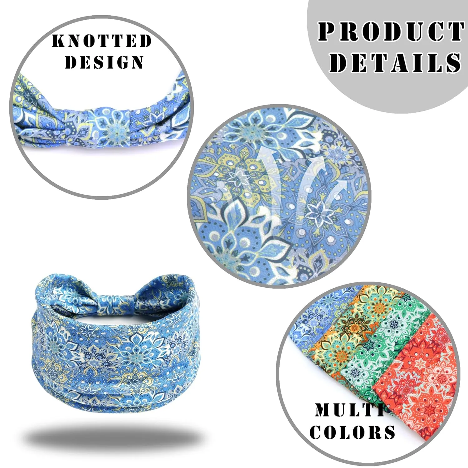 FULZTEY Wide Headbands for Women Floral Printed Boho Hairband Elastic Knotted Bandana Non Slip Workout Yoga Thick Turban Head Wrap Fashion Hair Accessories for Teen Girls 4Pcs