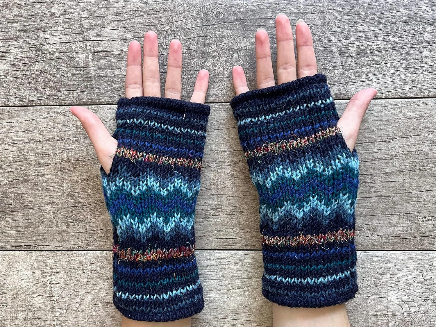 Hand Knit Fingerless Winter Striped Texting Gloves Warm Wool Fleece Lined