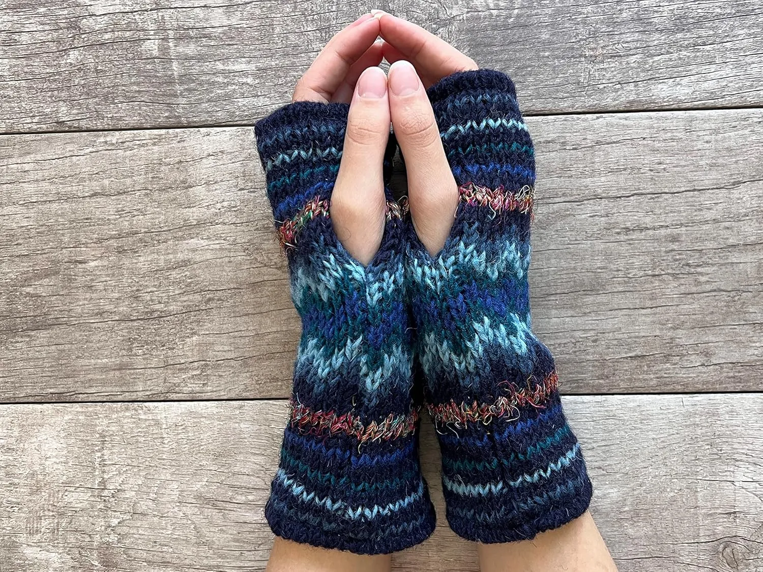 Hand Knit Fingerless Winter Striped Texting Gloves Warm Wool Fleece Lined