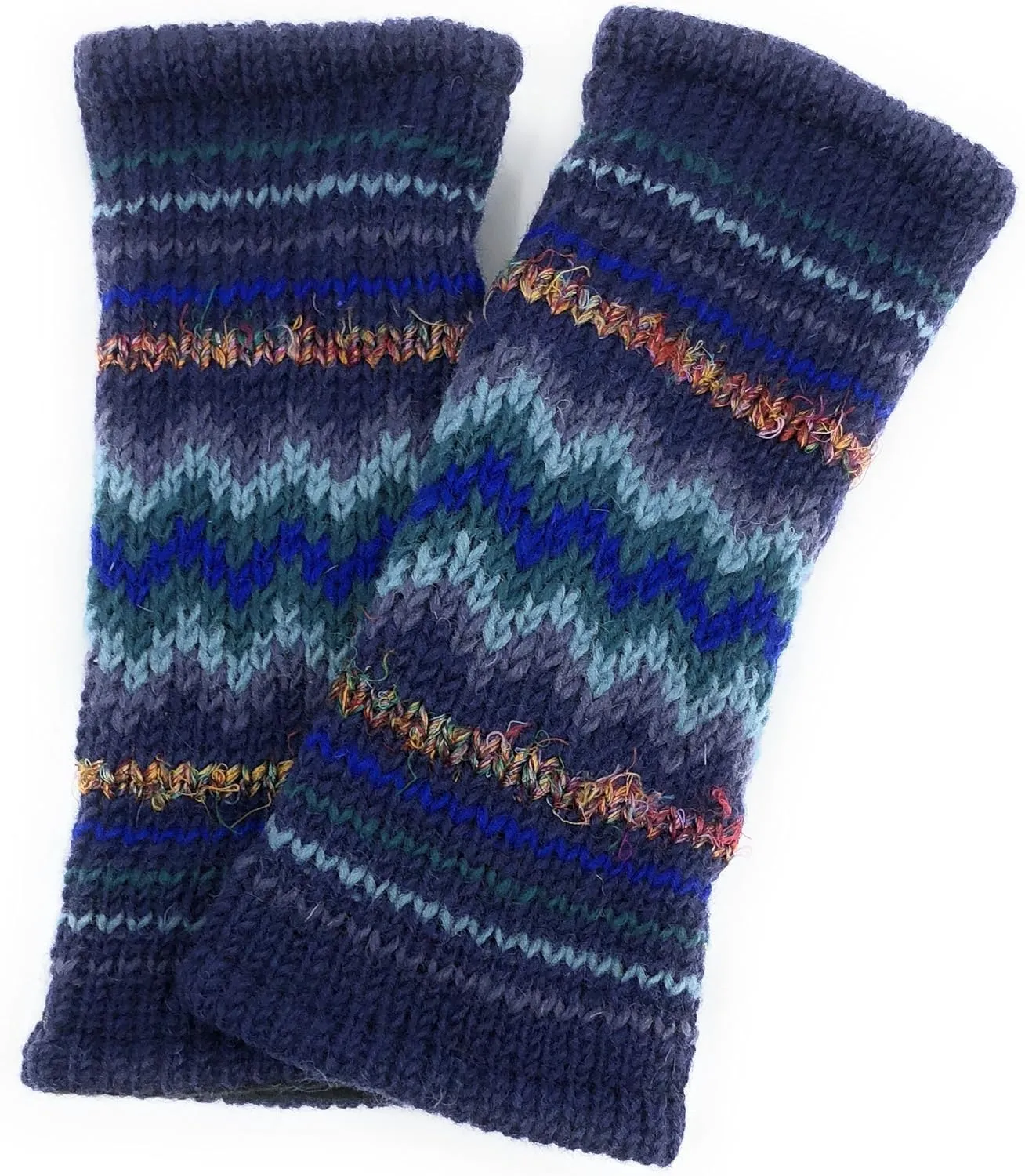 Hand Knit Fingerless Winter Striped Texting Gloves Warm Wool Fleece Lined