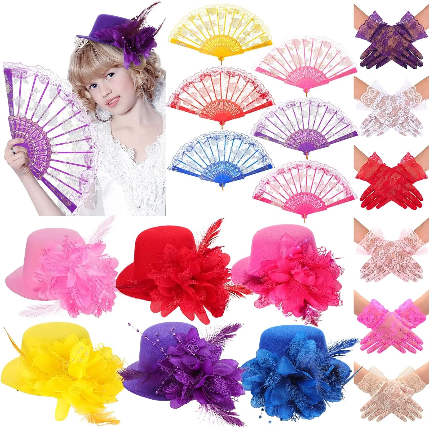 JaGely 18 Pcs Girls Tea Party Supplies Girls Mini Tea Party Hat and Gloves Lace Folding Fan