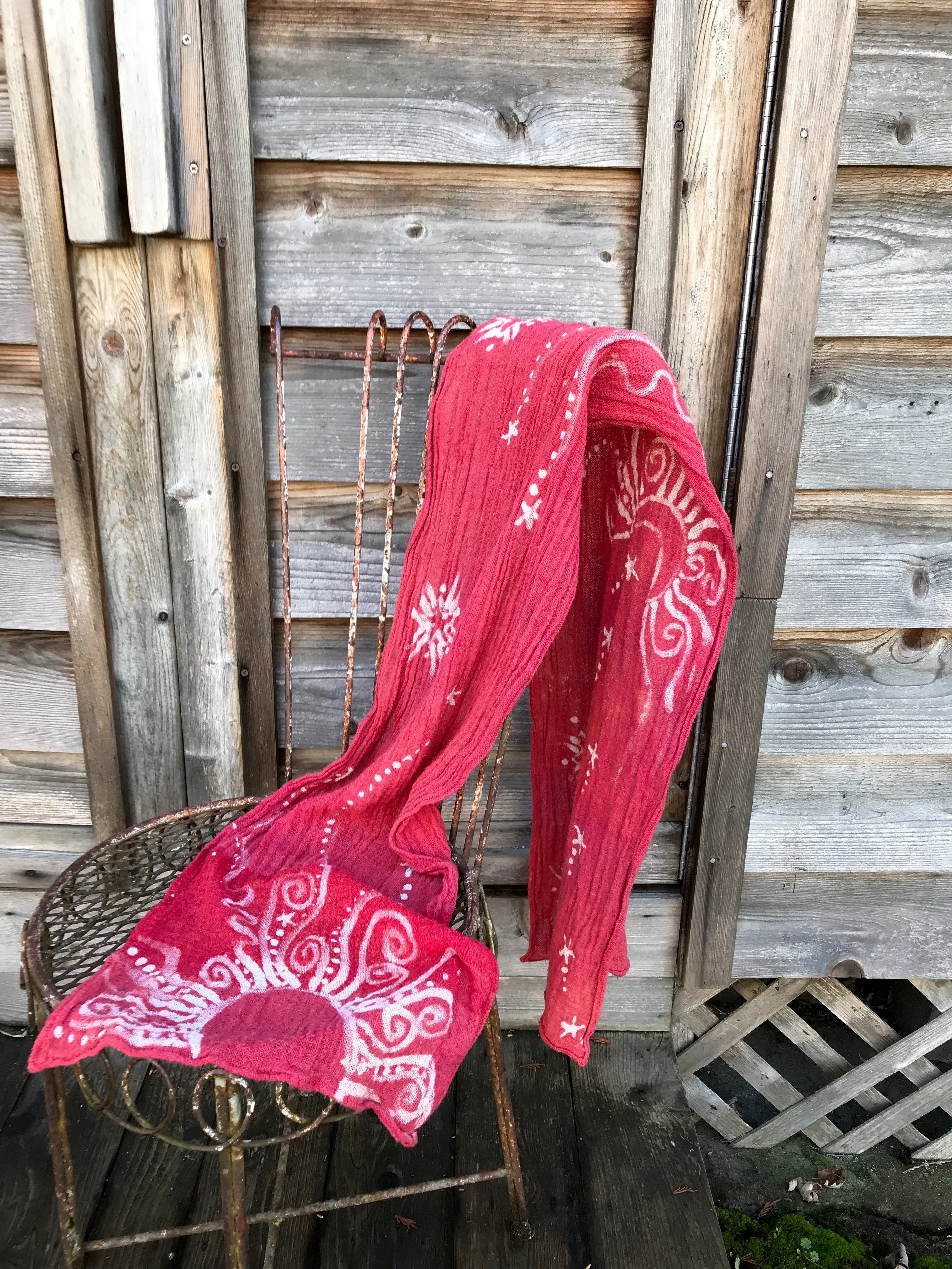Light Red Sun Stars Handmade Batik Scarf in Organic Cotton - Longer Length