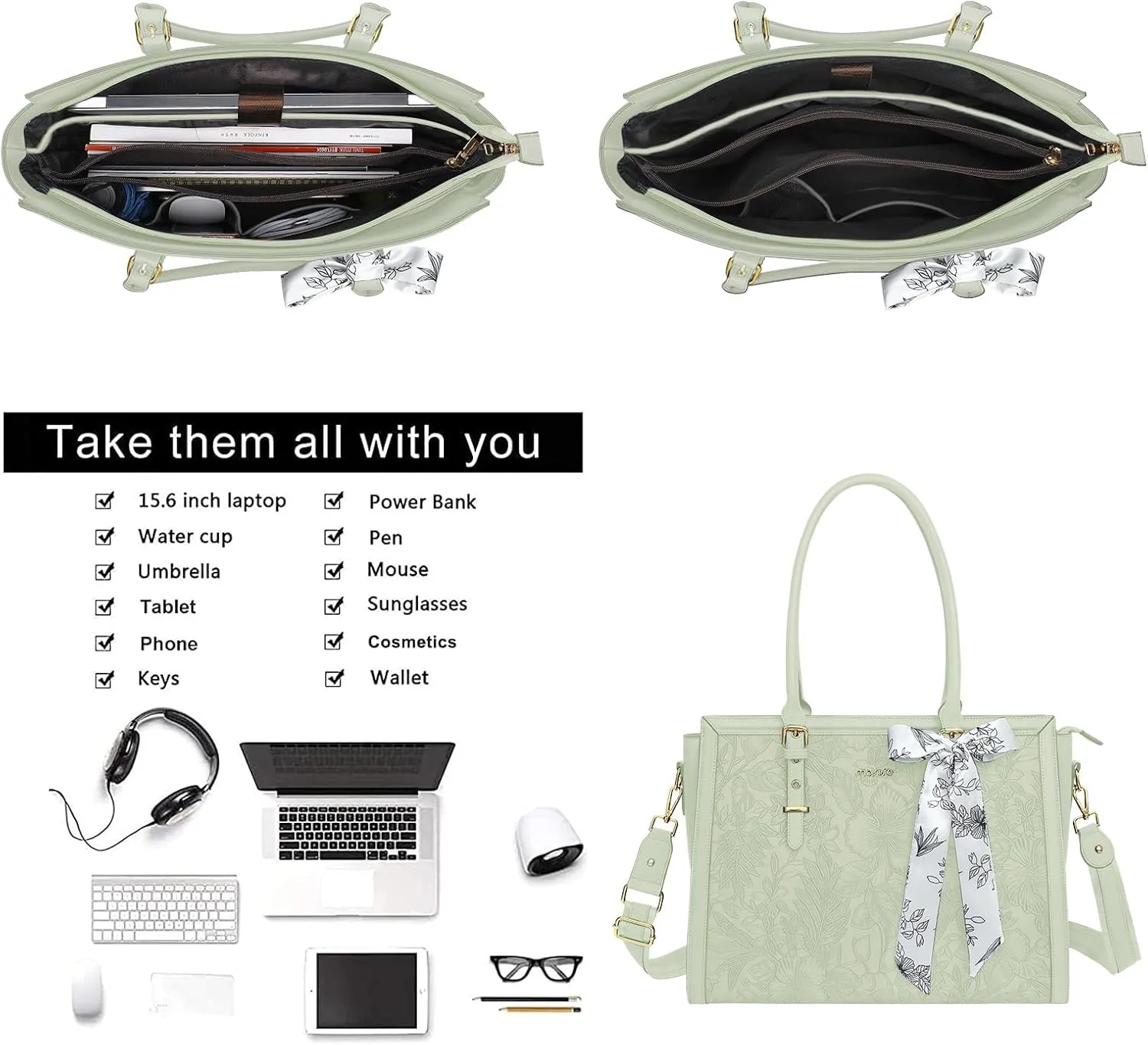 MOSISO Laptop Tote Bag for Women, 17-17.3 inch PU Leather Compatible with MacBook, HP, Dell, Asus Notebook, Front Embossed Retro Hibiscus Computer Bag with Silk Scarf&Clutch Purse, Sage Green