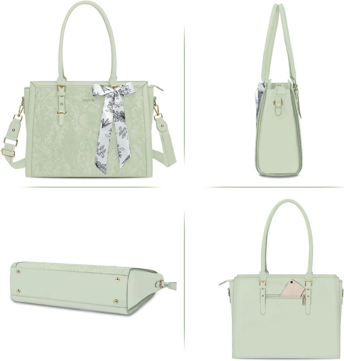 MOSISO Laptop Tote Bag for Women, 17-17.3 inch PU Leather Compatible with MacBook, HP, Dell, Asus Notebook, Front Embossed Retro Hibiscus Computer Bag with Silk Scarf&Clutch Purse, Sage Green