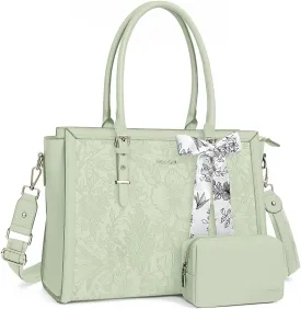 MOSISO Laptop Tote Bag for Women, 17-17.3 inch PU Leather Compatible with MacBook, HP, Dell, Asus Notebook, Front Embossed Retro Hibiscus Computer Bag with Silk Scarf&Clutch Purse, Sage Green