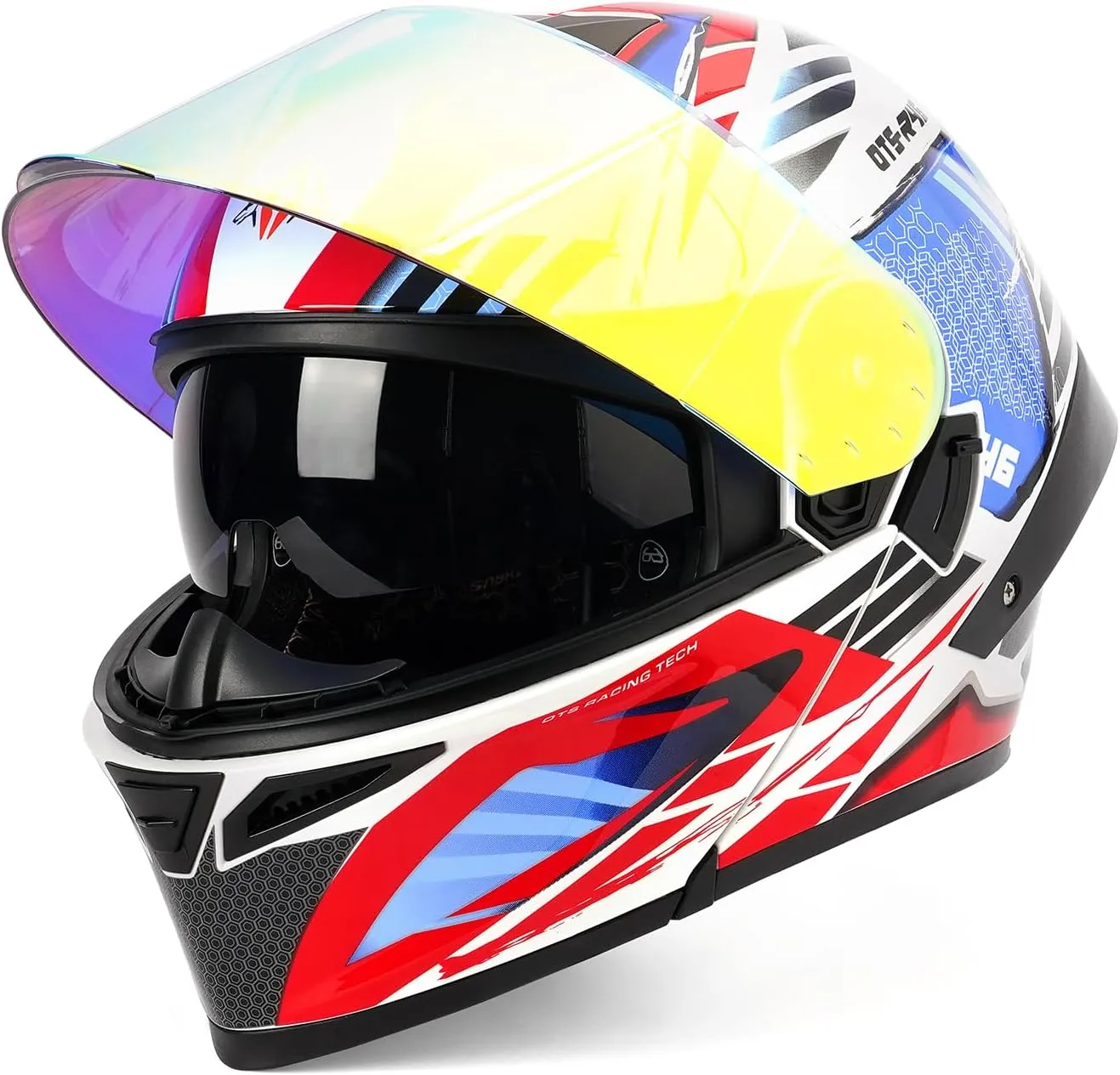 Orthrus Modular LED Full Face Motorcycle Helmet - DOT Approved Flip-Up Dual Visor Sun Shield & Bluetooth Ready for Adults Men Women - Street Bike/Motocross (Colorful, XL)
