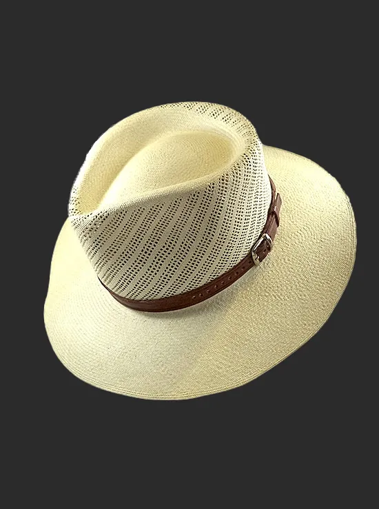 Panama Montecristi Hat - Fretwork with Leather Hat Band - Ausin - Grade 17-18