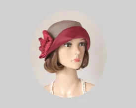 Pretty cloche hat in wine red duches satin and khaki cotton