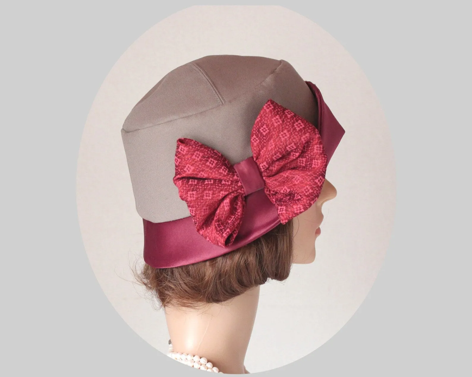 Pretty cloche hat in wine red duches satin and khaki cotton
