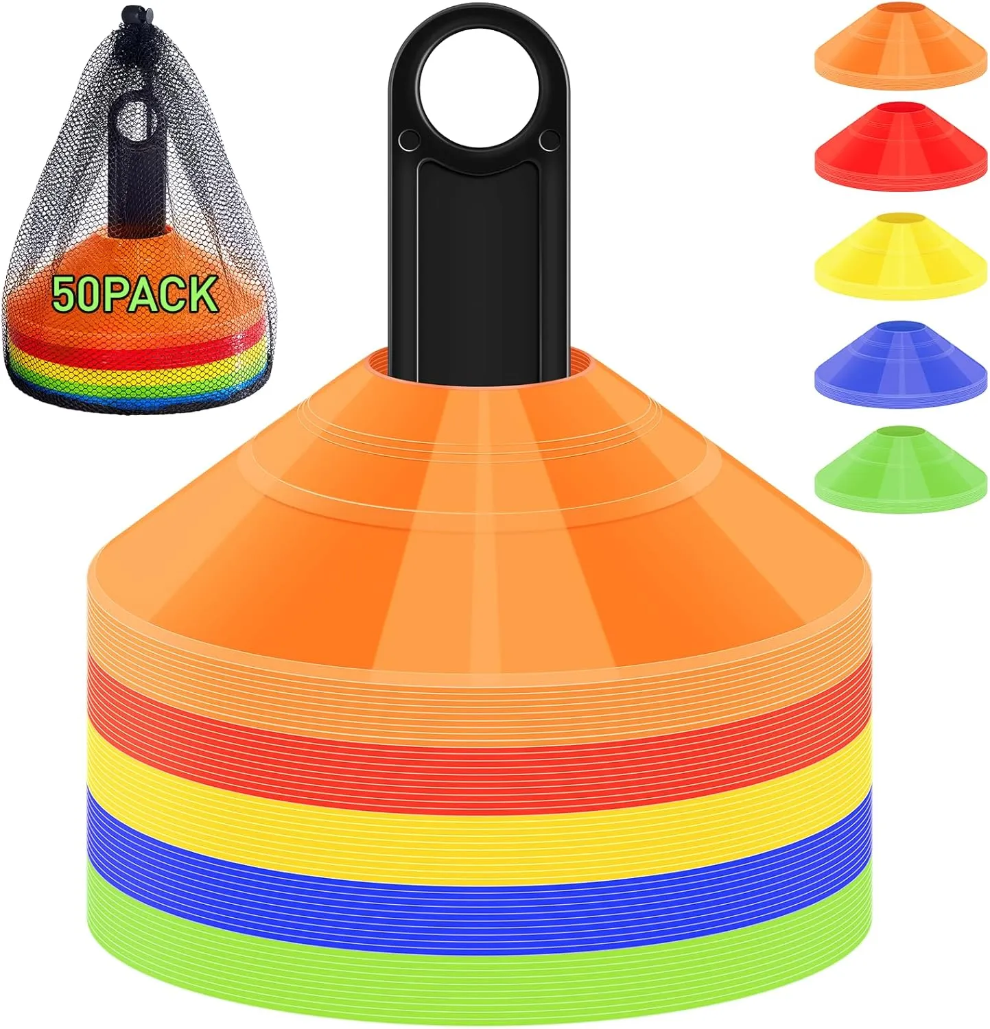 Soccer Training Cones, Agility Disc Sports Cones with Carry Bag and Holder, Plastic Football Cones for Drills, Sports Training, Basketball, Coaching, Practice Equipment, 5 Color