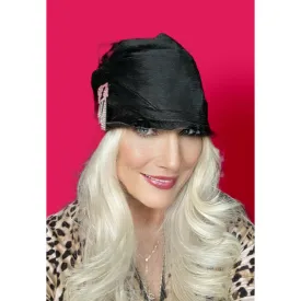 Vintage Ladies Cloche Hat Black Fur Felt 1920s w/ Deco Ornament Small Gatsby