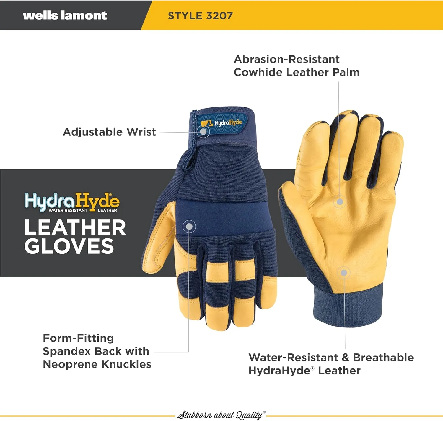Wells Lamont Men's Leather Palm Work Gloves | Heavy Duty, Form Fitting for Improved Dexterity | Made with Water-Resistant HydraHyde, Blue, Medium (3207M)