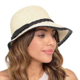 Womens Cloche Hat Braid Trim Bow Paper Straw Summer Beach
