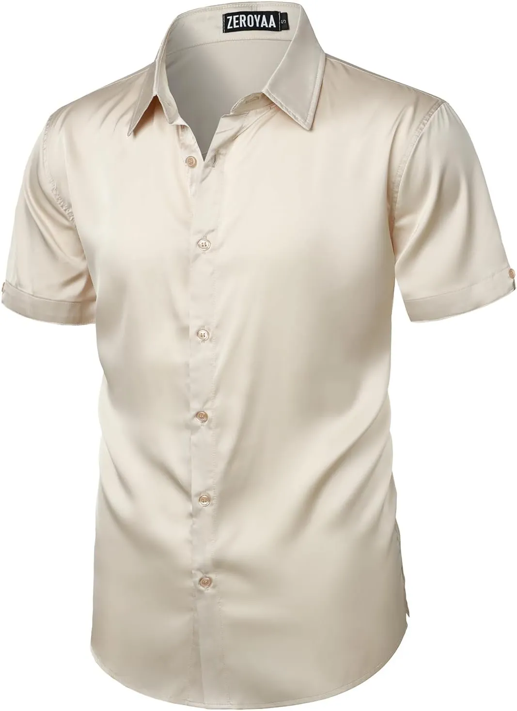 ZEROYAA Men's Hipster Shiny Silk Satin Shirt Regular Fit Short Sleeve Casual Button Down Dress Shirts for Summer Party